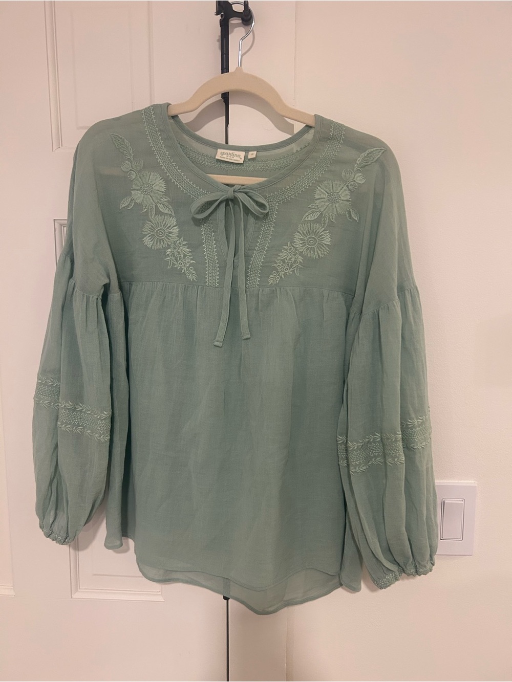 Embroidered Spartina Tie-Neck Peasant Blouse in Sage Green